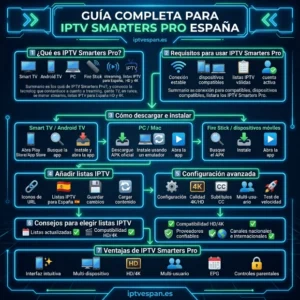 Guía completa de IPTV Smarters Pro en España para Smart TV, Android TV, PC, Fire Stick y móviles: instalar, configurar y agregar listas IPTV España, acceder a canales nacionales e internacionales, contenido HD y 4K, funciones multiusuario y control parental, y disfrutar IPTV Premium España profesional | iptvespan.es