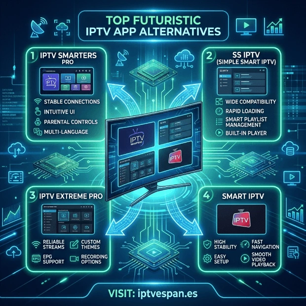 Mejores apps alternativas a Net IPTV en España como IPTV Smarters Pro, SS IPTV, IPTV Extreme Pro y Smart IPTV, compatibles con Smart TV y Android TV para reproducir listas IPTV España con estabilidad y calidad HD y 4K | iptvespan.es