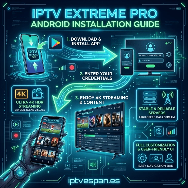 Cómo instalar y configurar IPTV Extreme Pro en Android paso a paso, añadir listas IPTV España en formato M3U, optimizar ajustes para IPTV 4K y usar alternativas como IPTV Smarters Pro, SS IPTV, Smart IPTV y Net IPTV para disfrutar IPTV Premium España en dispositivos Android | iptvespan.es